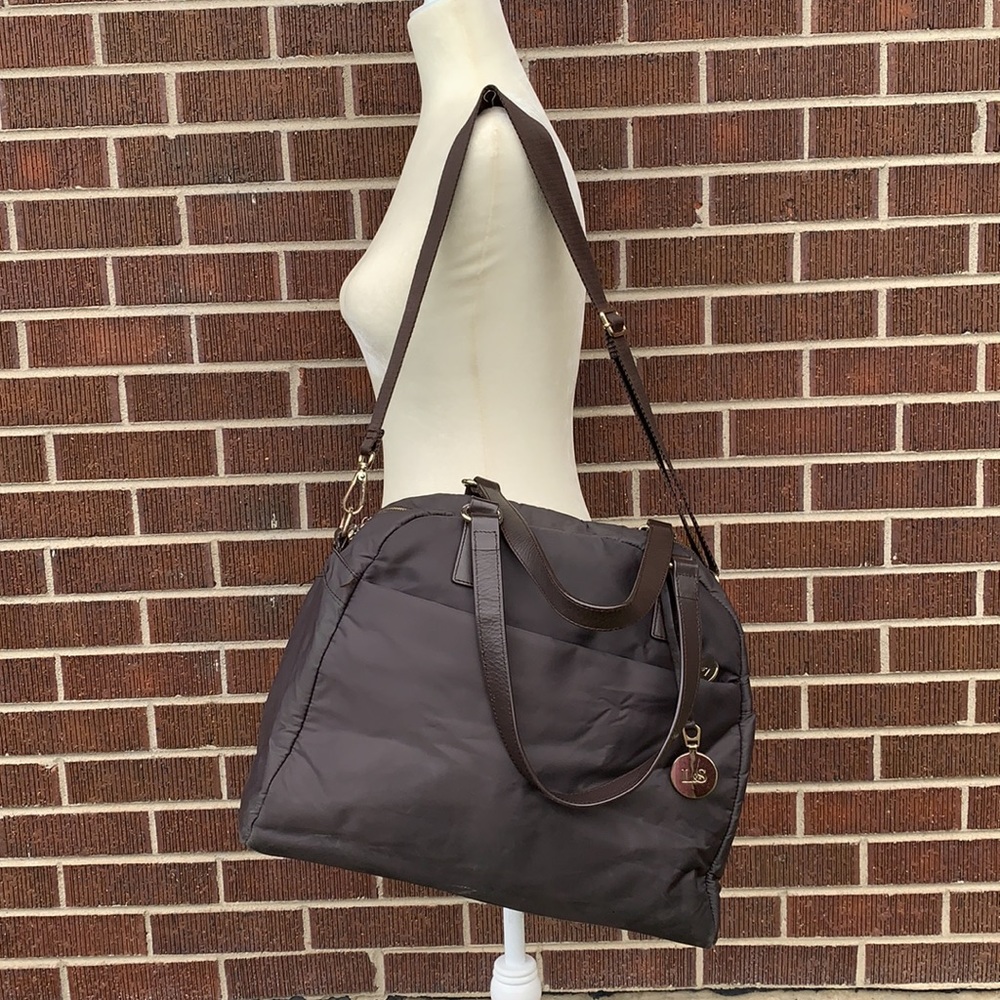Lo & Sons OG Travel Bag Brown Nylon w/ Leather Handles Adjustable Shoulder Strap